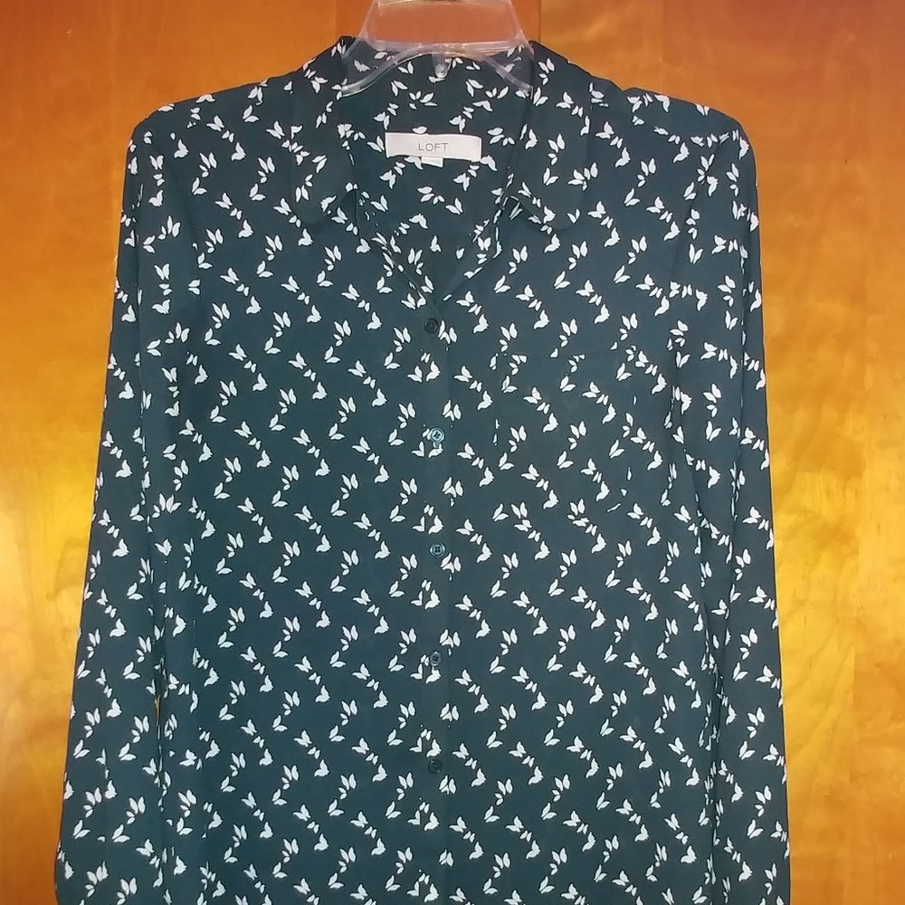 Women's Green Bird Print Blouse - Size Small